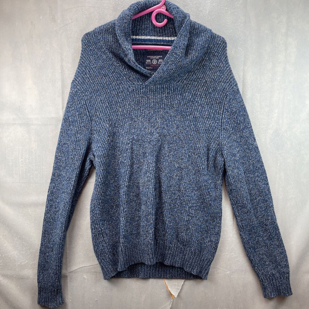 American Eagle L Blue Washable Wool Blend ATHLETIC FIT Shawl Collar Sweater